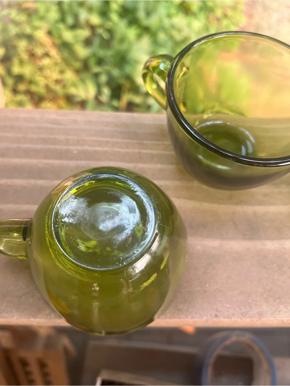 Vintage Indiana Glass, Sunburst, Avocado, Green Demi Mugs/Tea Cups Set of 2 Rare